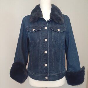J. Crew Dark Blue Jean Jacket with Black Faux Fur Trim